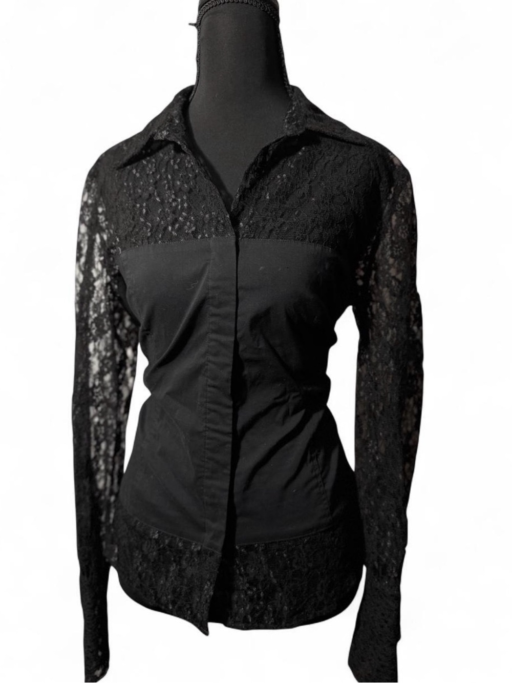 INC International Concepts Black Lace-Panel Button Down Shirt